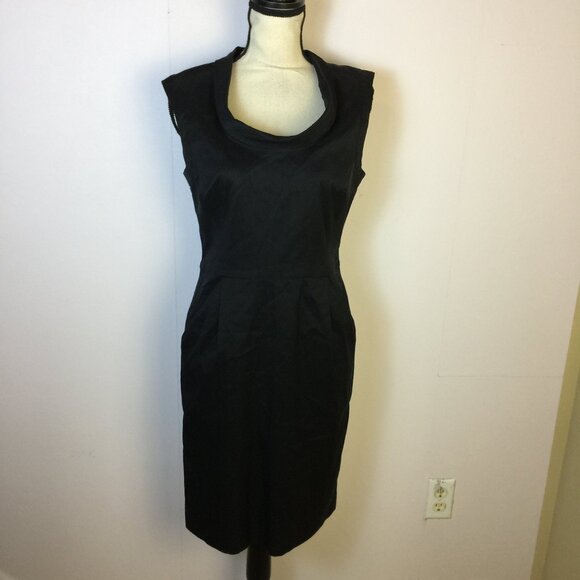 Ann Taylor Sheath Dress Size 8 Womans Black Cowl Neck Sleeveless Pockets Pleated - Picture 1 of 14